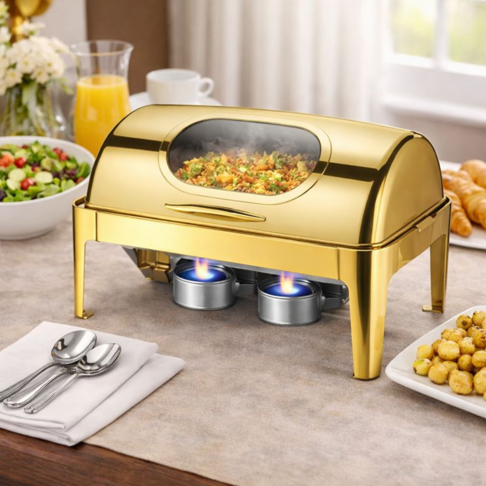 Chafing Dish Rectangular Gold Window Roll Top 9L - Image 3